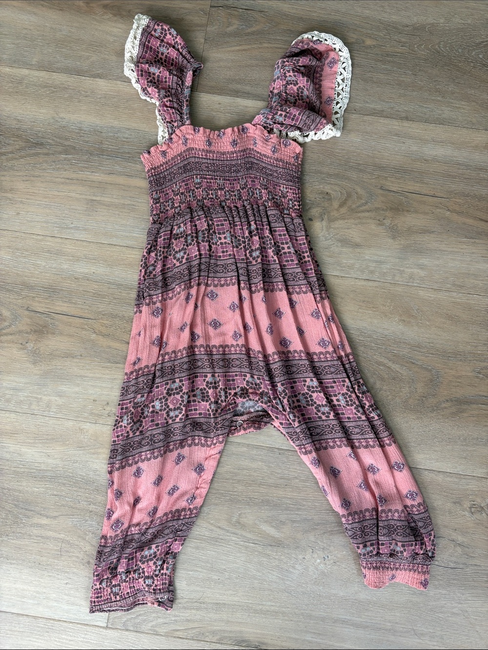 Jessica Simpson Pink Patterned Girls One-Piece Romper with Lace Trim